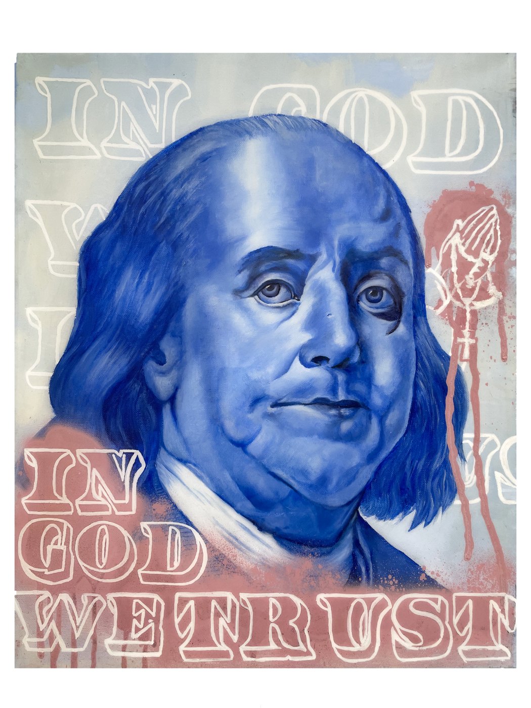 In God We Trust — blue Benjamin Franklin acrylic with stenciled lettering — original by Lior Arfi