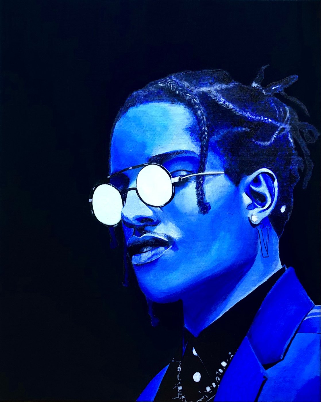 Deep blue acrylic portrait of a man in round glasses — original by Lior Arfi