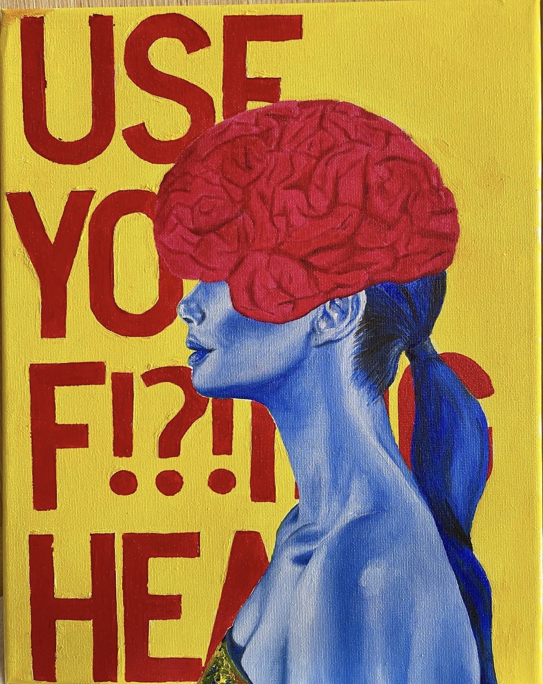 Use Your Head — acrylic figure with exposed red brain and stenciled text — original by Lior Arfi