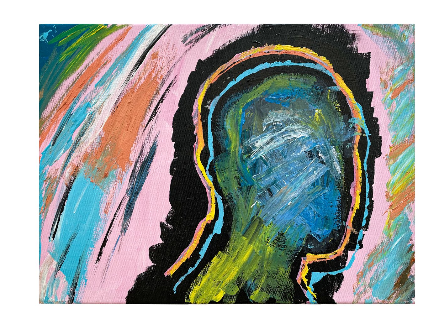 Abstract head silhouette acrylic in pink, black, and green — original by Lior Arfi